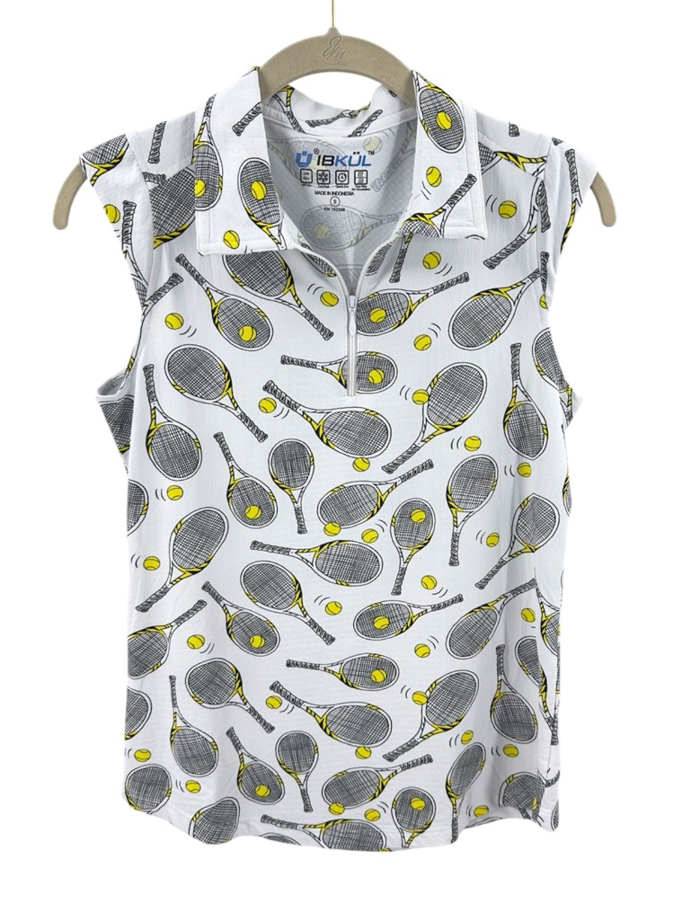 IBKUL Venus 1/4 Zip Tennis Print Sleeveless Polo Top Womens Size Small Athletic